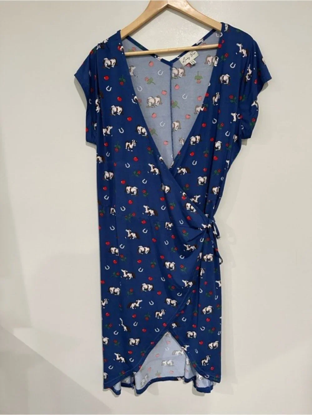 Lindy Bop Horse Print Wrap Midi Dress Blue Retro Cottagecore US 16 - Picture 2 of 7